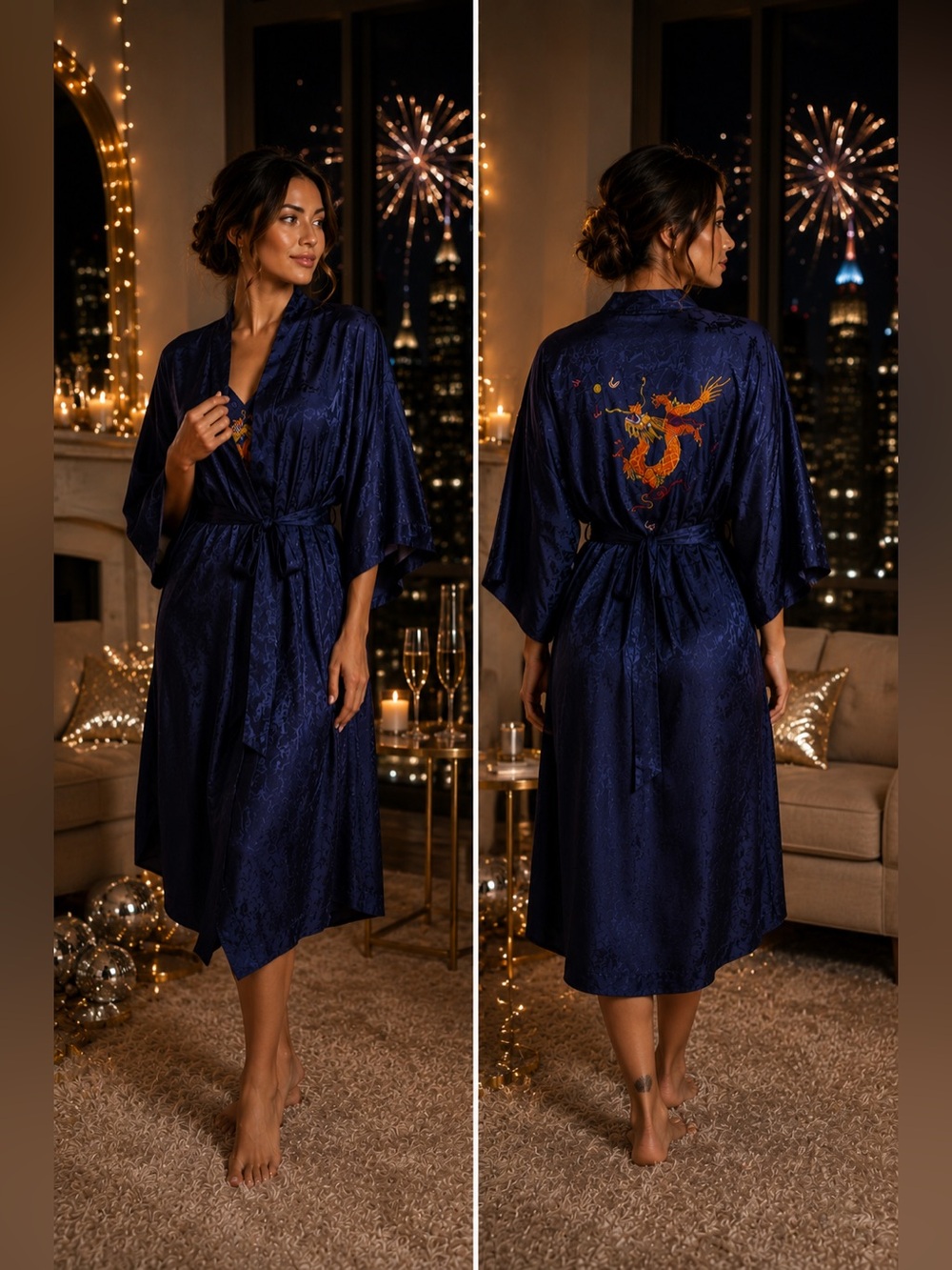 Vintage Golden Bee Silk Blue Rayon Embroidered Dragon Kimono Robe Women’s XL